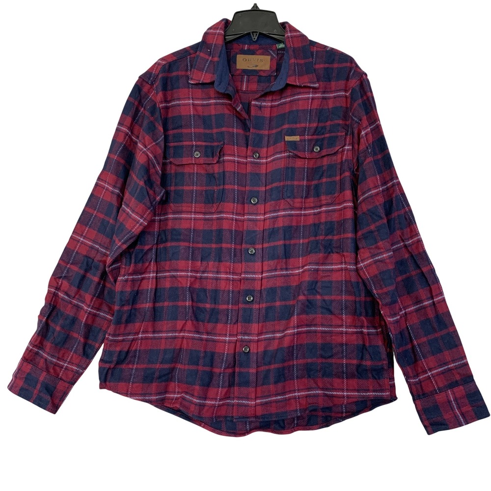 Orvis Women's L Red Plaid Flannel Shirt Jacket Navy Blue Cotton